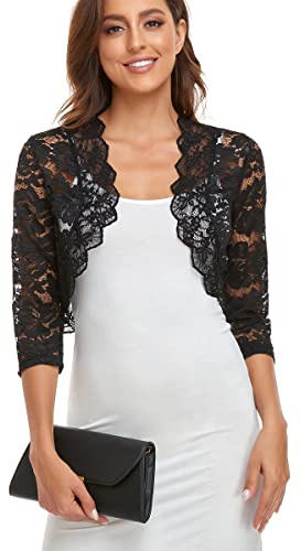 PEIQI Women's 3/4 Sleeve Sheer Crochet Lace Bolero Shrug Cropped Cardigan Black Medium