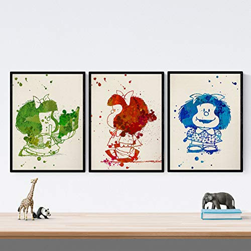 Nacnic Lot de 3 feuilles avec cadre pour encadrer Mafalda style aquarelle. Posters avec images de majudas en trois couleurs, taille 30 x 40 cm avec cadre