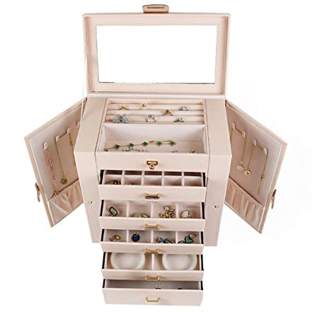 ZHKD Armoire À Bijoux Sur Pied,Coffre De Rangement Pour Bijoux En Cuir Avec Miroir Rabattable, 5 Tiroirs,Grand Rangement,Rose
