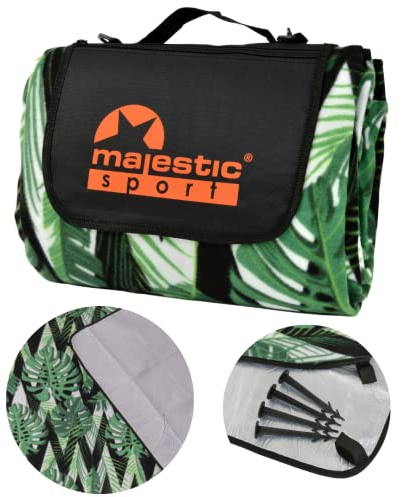Majestic Sport Picknickdecke 200x200 cm mit 4 Erdankern, Stranddecke mit Wasserdichter Unterseite für 4-6 Personen, Campingdecke mit Tragegriff Ideal für Camping, Strand, Park, Garten Monstera