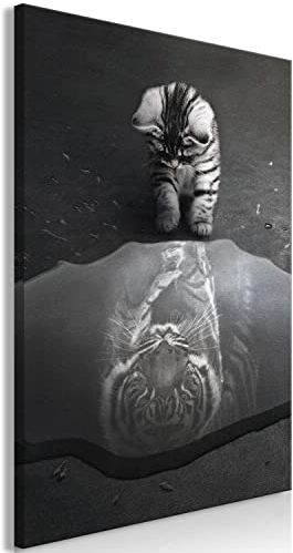 murando - Wandbilder XXL Tiere 80x120 cm Vlies Leinwandbild 1 tlg Kunstdruck modern Wandbilder XXL Wanddekoration Design Wandbild Katze Tiger Spiegelbild Pfütze grau Abstrakt g-A-10099-b-a