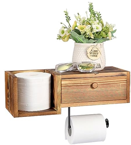 BTSKY Holz Toilettenpapierhalter mit Ablage und Schublade, spülbarer Tücherspender, Wandmontage - EM0886
