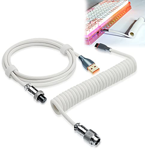 Coiled Keyboard Cable, Pro Custom Coiled USB C Cable for Gaming Keyboard, Double-Sleeved Mechanical Keyboard Cable with Detachable Metal Aviator, 1.8M USB-C to USB-A (White)