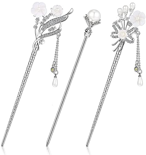 Lot de 3 baguettes à cheveux chinoises japonaises en épingle à cheveux pour femme avec perles et strass - Accessoires de cheveux vintage faits à la main - Bijoux chignon pour filles (style
