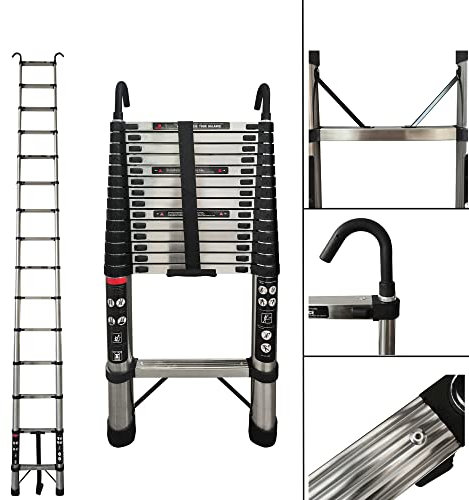 4,4M/14,4ft Scala Telescopica Pieghevole con 2 Ganci, 14 Pioli Multiuso Allungabile Scaletta Acciaio, Gancio Stabilizzatore Portatile Carico Massimo 150 kg,Norme EN131