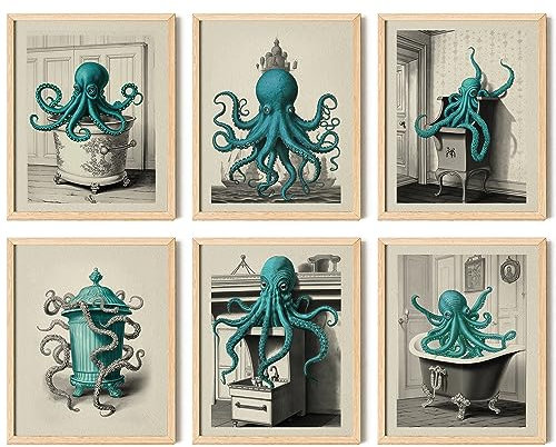 97 Decor Vintage-Oktopus-Dekor, Oktopus-Badezimmer-Dekor, nautische Oktopus-Wandkunst, Oktopus-Poster, Meeresmonster-Kunstwerk-Bilder für Heimdekoration (20,3 x 25,4 cm, ungerahmt)
