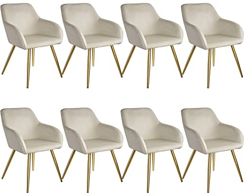 tectake® Esszimmerstühle mit Armlehne, Stuhl, Samt Polster Stühle, Möbel für Esstisch, Schminktisch, Wohnzimmer, Esszimmer, Arbeitszimmer, ergonomischer Dining Chair - créme/Gold, 8er Set