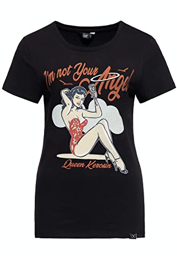 Queen Kerosin Damen Vintage Shirt | T-Shirt Slim Fit Frontprint Kurzarm Retro Pin-Up Poodle Beach Chi