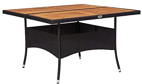 FIRBNUS 120x120x75 cm Garten Esstisch Gartentisch Wetterfest Schwarz Tisch Balkontisch Beistelltisch Holz Tischplatte Gartenmöbel Esszimmertische Poly Rattan und Massivholz Akazie