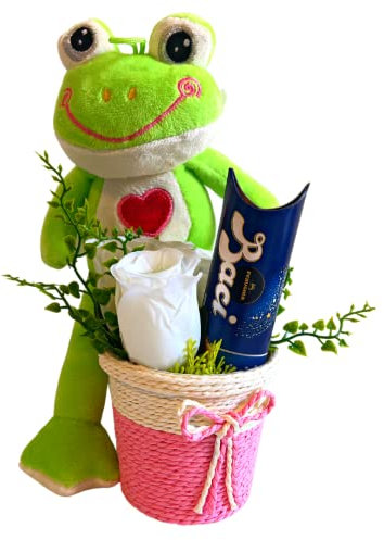 Baci Perugina Natale 2024- Coprivaso Colorato Ø 8cm + Tubo Baci Perugina 37,5gr + Rose Artificiali + Peluche Rana Appendibile