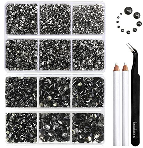 Beadsland 8300PCS Flatback Rhinestones, Gray Rhinestone Nail Gems Round Crystal Rhinestones for Crafts, Mixed 10 Sizes with Wax Pencil and Tweezer Kit, SS3-SS30, Black Diamond