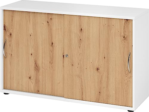 bümö Schiebetürenschrank 2OH - Aktenschrank abschließbar, Sideboard Schrank mit Schiebetüren in Weiß/Asteiche - Büroschrank aus Holz mit Schiebetür, Büro Kommode für Ordner & Co.