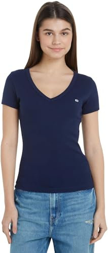 Tommy Jeans Tjw Slim Essential Rib V Ss Dw0dw17385, Camisetas de Punto de Manga Corta Mujer, Azul (Dark Night Navy), L