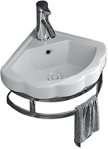 PIRFE Eckwaschbecken Weiß, Mini Hänge-Waschbecken Luxus Waschbecken Mit Abflussloch Waschtisch Mit Nano-Beschichtung Extra Klein Gäste WC Wandhängend Armaturloch Links Oder Rechts