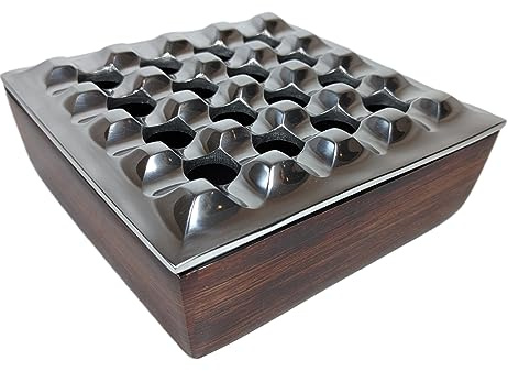 Cenicero con tapa para puros, diseño de madera metálica, ceniceros resistentes al viento sin olor para el hogar, oficina, mesa, patio, exterior, balcón (7 x 7 x 2.5 pulgadas) (plateado 16)
