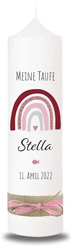 VILLA ROSA LOTTA - Personalisierbare Taufkerze Kommunionkerze Stella mit Wunschdaten und Rückseite I Regenbogen Motiv I 25 cm x 7 cm I Taufkerzen für Jungen und Mädchen I Farbe elfenbein weiß