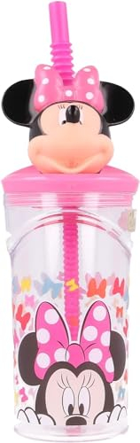 Golddunes 3D Cartoon Character Kids Figurine Re-Usable Plastic Tumbler Beaker with Re-Usable Flexi Straw - 360ml (Minnie Mouse)