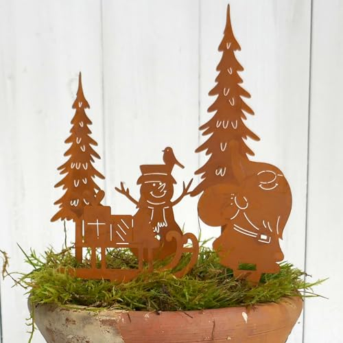 Storm's Gartenzaubereien Gartenstecker Weihnachtsmann mit Schlitten Tannenbäumen und Schneemann in Rostoptik zum Stecken klein Topfstecker