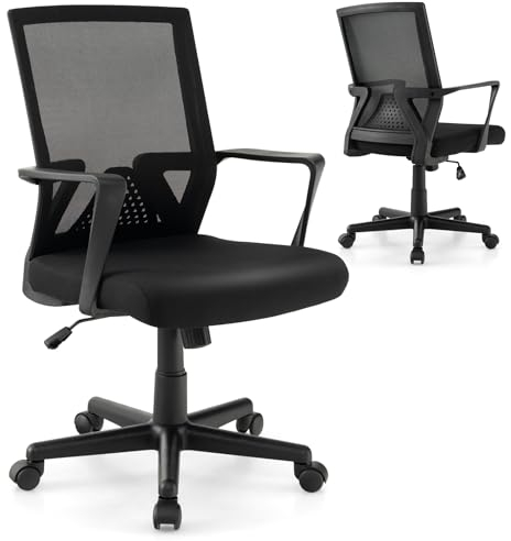 COSTWAY Bürostuhl mit Lordosenstütze und Wippfunktion, ergonomischer Schreibtischstuhl, Computerstuhl mit Armlehnen & Netzrücken, Drehstuhl, Arbeitsstuhl für das Heimbüro, Schwarz