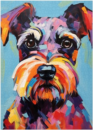 Face of Miniature Schnauzer Jigsaw Puzzle 300/500/1000 Piece, Modernist Painting Style Miniature Schnauzer Mug Shot Puzzle (300pc (28×40cm))