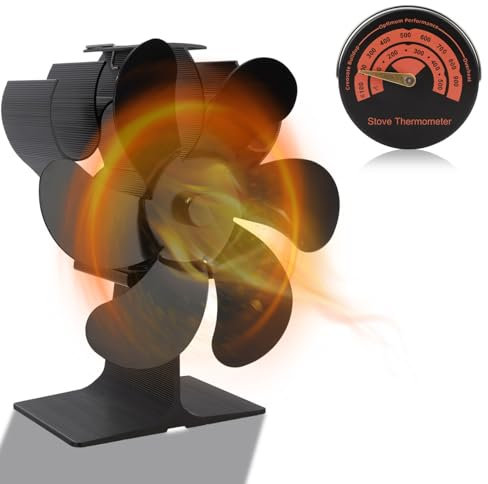 6 Blades Wood Stove Fan with Magnetic Thermometer, Heat Powered Fireplace Fan, Non-Electric or Battery Log Burner Fan,Wood Burning Stove Fan for Heat Circulation Burner/Fireplace