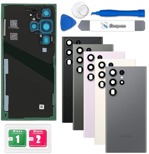 Eonpam Vitre Arrière pour Samsung Galaxy S23 Ultra Origine Couvercle Batterie Remplacement avec Lentille de Caméra + Kit Réparation (Gris)