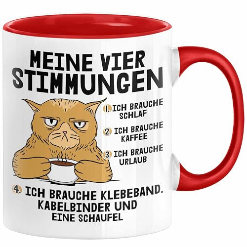 Katze Tasse Geschenk Katzenbesitzerin Lustige Sprüche Kaffee Urlaub Müde Kaffee-Becher Meine Vier Kaffeestimungen (Rot)