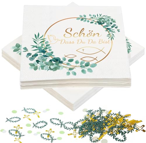 BURGEON 40 Stück Servietten Taufe deko, Servietten Fisch Eukalyptus Schön dass Du da bist für Kommunion Taufe Konfirmation Geburtstag Hochzeit, Tischdeko Taufdeko mit 100 Stück konfetti Kommunion