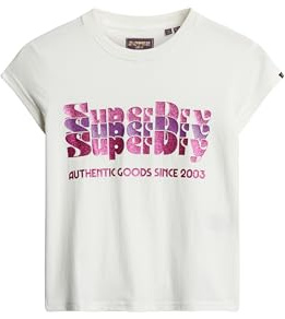 Superdry Damen Retro T-Shirt mit Glitzer-Logo Ecru 34