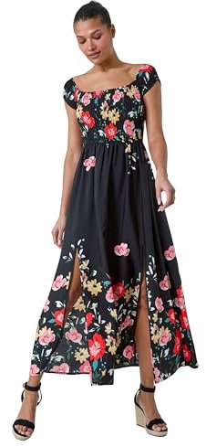 Roman Originals Bardot Dress for Women UK Ladies Shirred Chest Off Shoulder Cold Shoulder Maxi Midi Summer Beach Holiday Sleeveless Garden Cocktail Party Elasticated - Black Red - Size 20