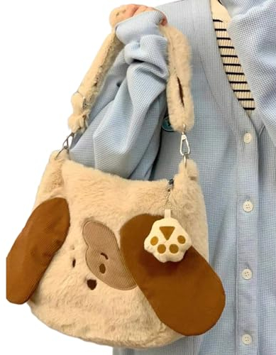 SHOOYIO Handtasche mit Hundestickerei, Plüsch, modisch, für Herbst und Winter, Umhängetasche