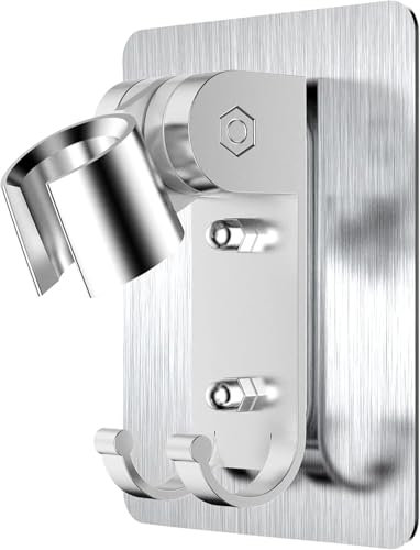 Shower Head Holder,Strong Adhesive Shower Holder,Adjustable Shower Wand Holder with 2 Hanger Hooks,Handheld Shower Head Wall Mount,Shower Holder Adapter for Bathroom,No Drill Need (Silver 1PCS)