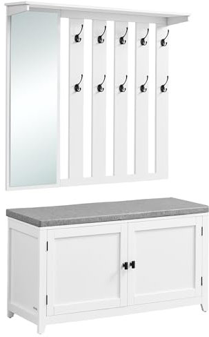 VASAGLE Schuhbank Wandgarderobe Set, Garderobe mit Spiegel, 10 Doppelhaken, Schuhschrank mit verstellbaren Ablagen, Doppeltüren, Sitzbank, Sitzpolster abnehmbar, 102 cm breit, wolkenweiß LSC011W01