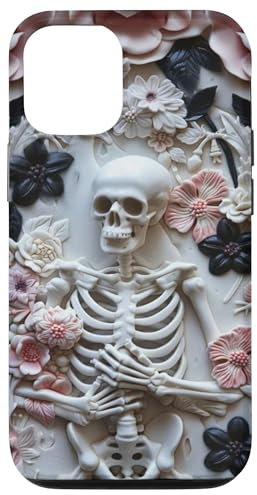 Hülle für iPhone 14 Whimsigoth Skelett – Rosa – Schwarz Floral Totenkopf Rosen