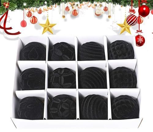 12 Stück Samt-Weihnachtskugeln, Bauernhaus-Weihnachtskugeln, bruchsichere Kugeln, Weihnachtsbaumschmuck für Weihnachtsbaumschmuck (schwarz)
