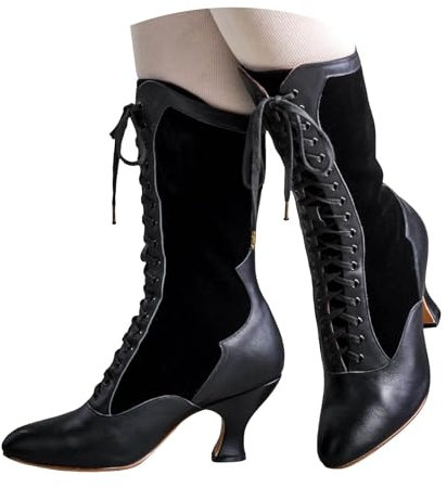 Stivaletti da donna vintage vittoriani con lacci, tacco a metà polpaccio, gotici, tacco grosso, colore a blocchi di colore, stivali per costume da strega, scarpe per feste in costume, Nero , 37 EU
