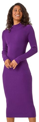 Dusk Fashion Button Detail Knitted Midi Dress for Women UK - Ladies Everyday Autumn Winter High Neckline Comfy Soft Evening Vacation Work Party Night Out