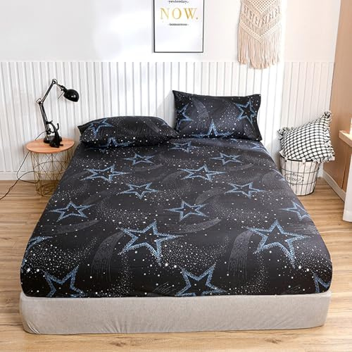 Grewod Spannbettlaken 120x200cm mit 2 Kissenbezügen, Höhe 20 cm, Polyester Spannbetttuch Stil 5 Stern Muster Gedruckt Spannleintuch