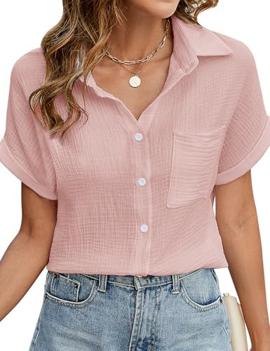 Niwicee Womens Blouse Summer Cotton Shirts Casual V Neck Short Sleeve Tops Elegant Solid Color Button Down Basic Loose Tunic T Shirts Tops with Pocket(Pink,S)