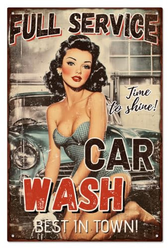 WADORN Vintage Pinup Lady Metal Tin Sign for Garage, Wash Car Woman Retro Tin Sign Hanging Decor for Garage Home Decor Funny Garage Wall Plaque Decor for Bar Pub Man Cave, 11.81x7.87 Inch