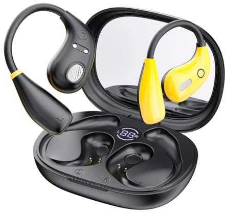 Open Ear Headphones Bluetooth 5.4 Bone Conduction Wireless Earbuds with LED Display Charging Case Makeup Mirror Open Earbuds Ultra-Light Sports Earphones with Secure Fit Sweatproof for Sport, Driving