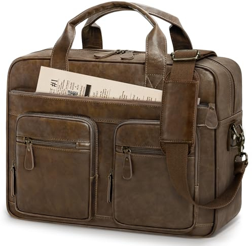 RAINSMORE Vintage Kuriertasche für Herren, PU-Leder, veganes Leder, Computer-Laptop-Tasche, 39,6 cm (15,6 Zoll), wasserdichte Aktentaschen für Herren, Retro, Aktentasche, Umhängetasche für Arbeit,