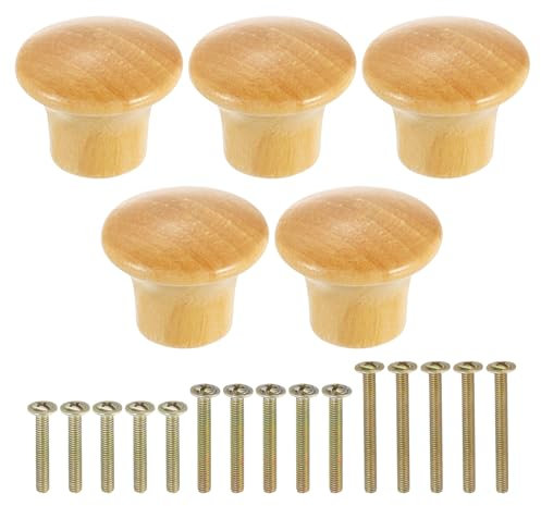 sourcing map 5Pcs Round Wood Drawer Knob, 0.91 x 0.71 Round Cabinet Knobs Mushroom Shape Paint Surface Wooden Knobs with Screws for Furniture Drawer Dresser Wardrobe Cupboard, Wood Color