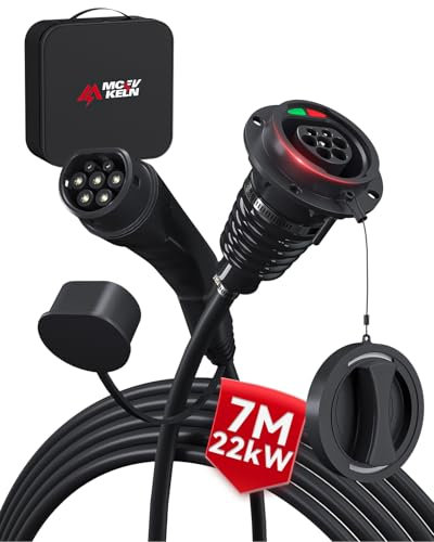 MCEVKELN Cavo di Prolunga di Ricarica EV di Tipo 2, 22 kW 32 A, 7 m Cavo di Prolunga di Ricarica, Trifase, per Veicoli Elettrici Tipo 2 (IEC62196-2) Compatibile con BEV/PHEV, con Serratura