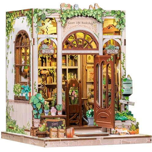 CUTEBEE Book Nook Kit de Maqueta DIY para Libros - Casita de Muñecas en Madera con Luces LED, Decoración Hogareña y Regalo Original (Green Life Bookshop)