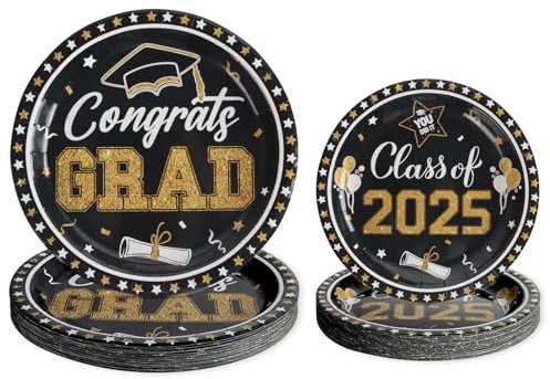 PARTY GO Set di stoviglie per feste, 50 pezzi, colore nero, con 25 piatti piani da 23 cm e 25 piatti da dessert da 18 cm, design graduato per 2025 feste di laurea per 25 ospiti