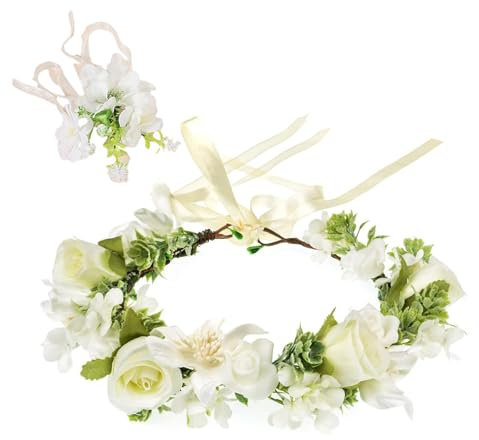 ZYEKIU 2 Stück Blumenhaarreife Damen Blumenarmband Flower Crown Künstliche Blumen Blumenkranz Weiße Rose Haarreifen Blumen für Damen Hochzeit Zeremonie Festival Party Strand