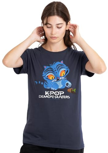 Kpop Demon Hunters Women's K-pop Demon Hunters - Cute Derpy Tiger Cartoon Ladies T Shirt, Deep Navy T-Shirt (Pack of 1)