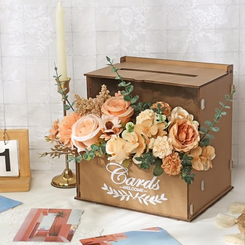 DEMIUKO Braun Kartenbox Hochzeit Geschenkbox mit Blumenkasten Groß Hochzeitsbox Vintage Holz Kartenbox Karten Geld Box Acryl Hochzeitskartenbox Briefbox für Geburtstag Jubiläum Baby Dusche Party Deko