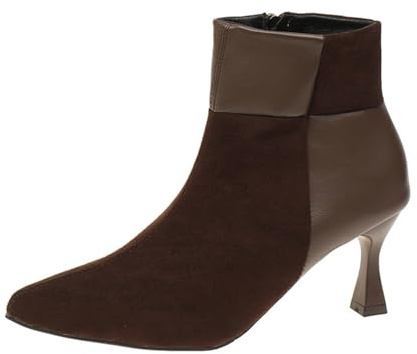 Stivaletti da donna a punta con tacco a rocchetto con cerniera, comodi, casual, invernali, Chelsea, Marrone, 38.5 EU